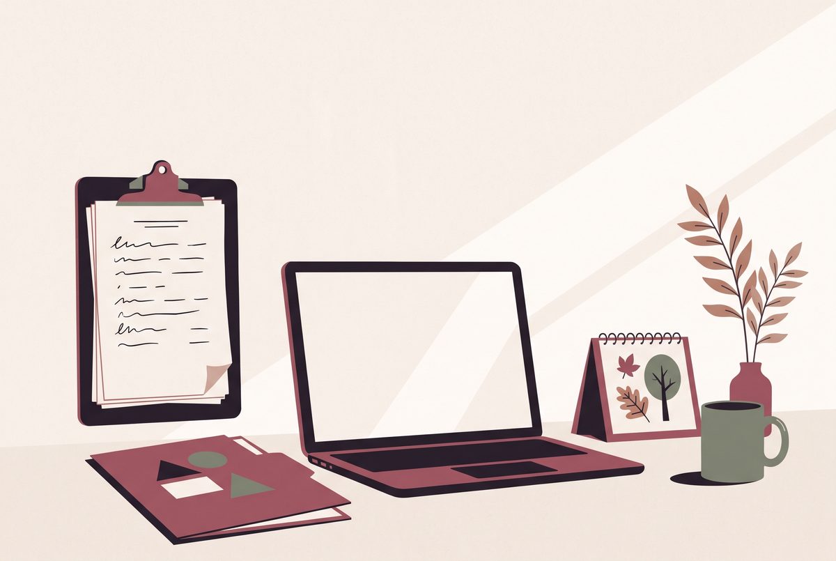 Illustration of a desk with an equipment list on a clipboard, a folder of purchase invoices, a laptop and a small desk calendar.