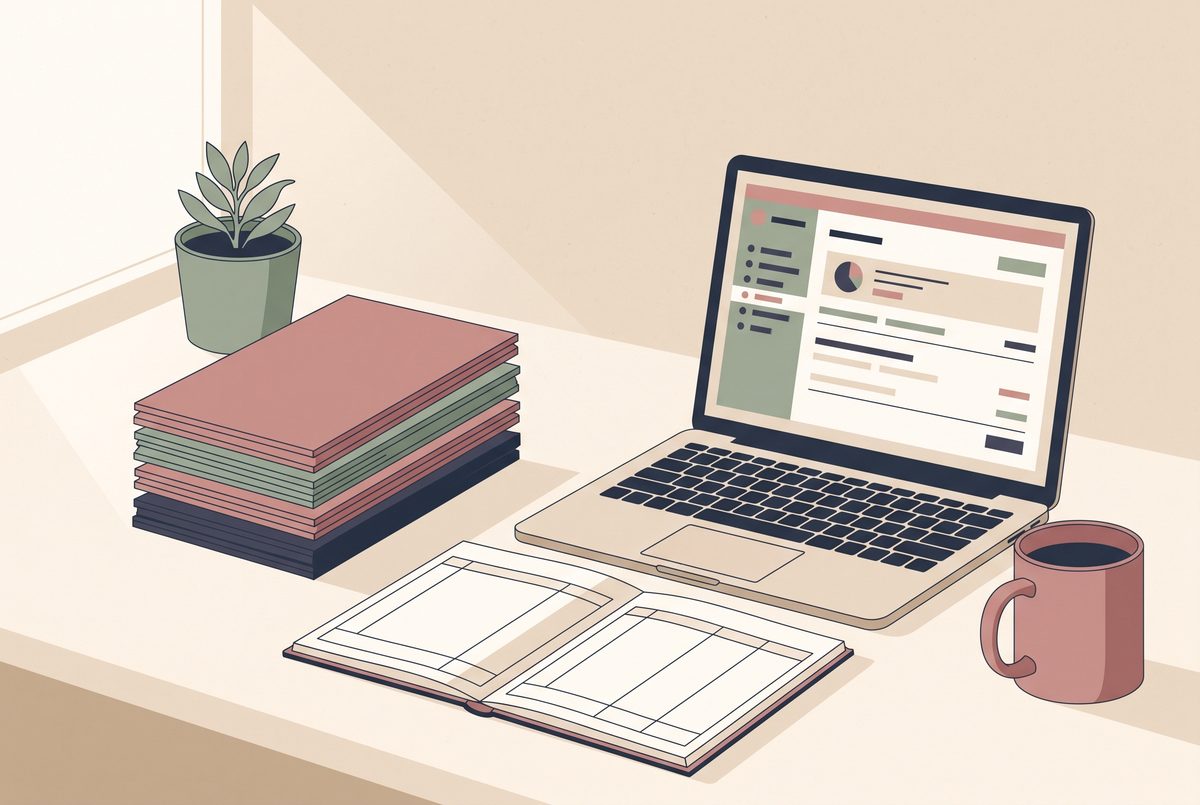 Illustration of a desk with a stack of bank statements, an open ledger and a laptop showing a half-finished reconciliation.